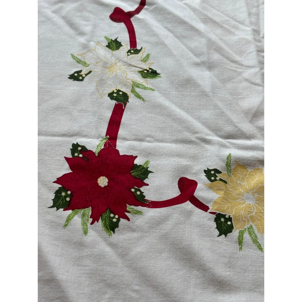 Vintage Christmas Poinsettia Tablecloth White Red Noel Peace Holiday Decor